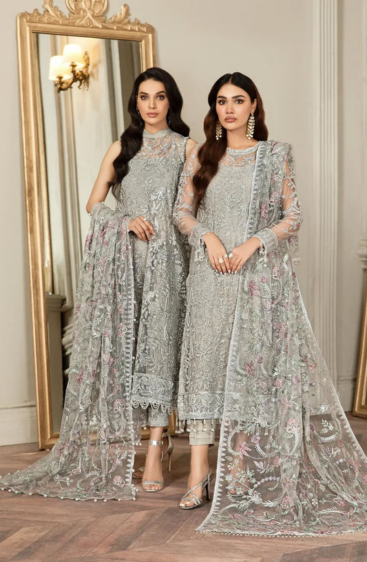 Zarif Luxury Embroidered Net Unstitched 3 Piece Suit - 01 Grace - ZRF26GR - Silver Grey - Festive Collection