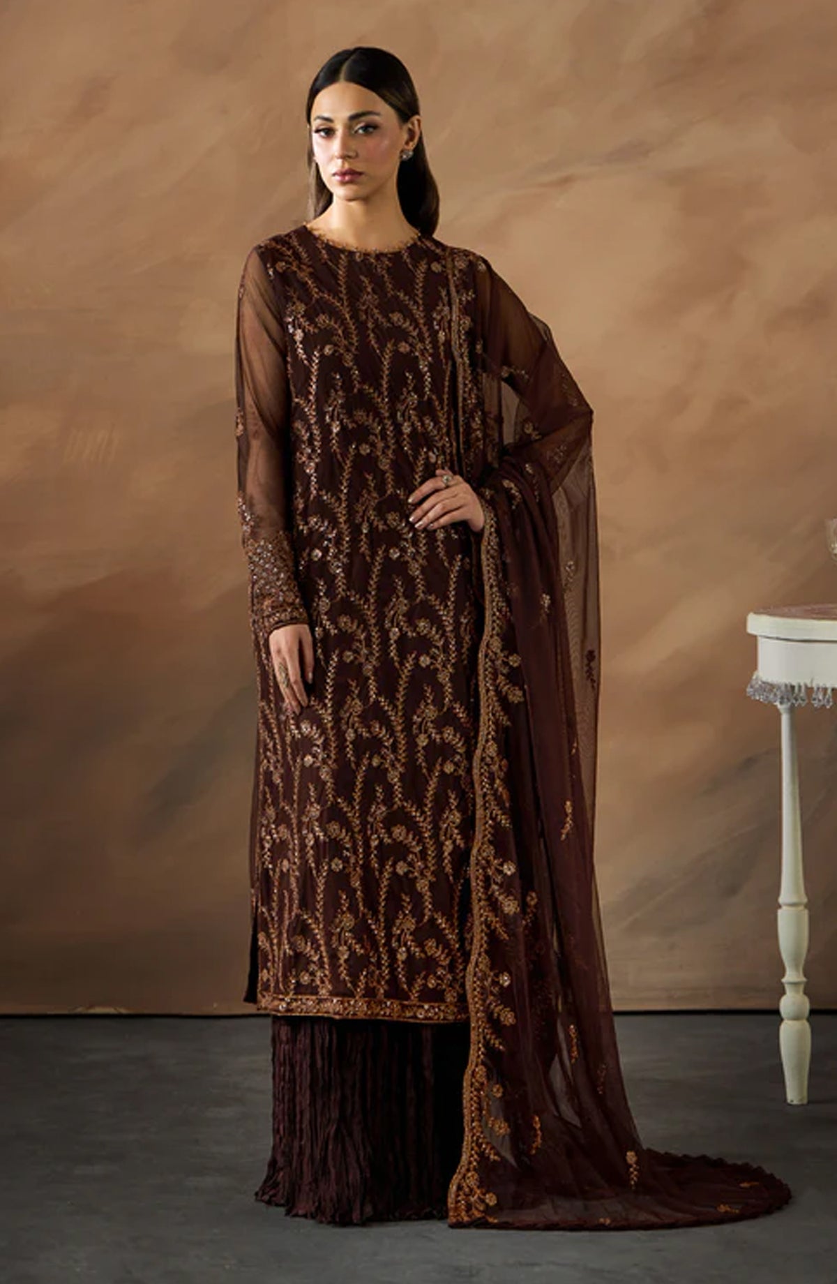 Dharkash by Zarif Embroidered Net Unstitched 3 Piece Suit - ZRF-DK-05 NAHID - ZRF26DR - Maroon - Formals Collection