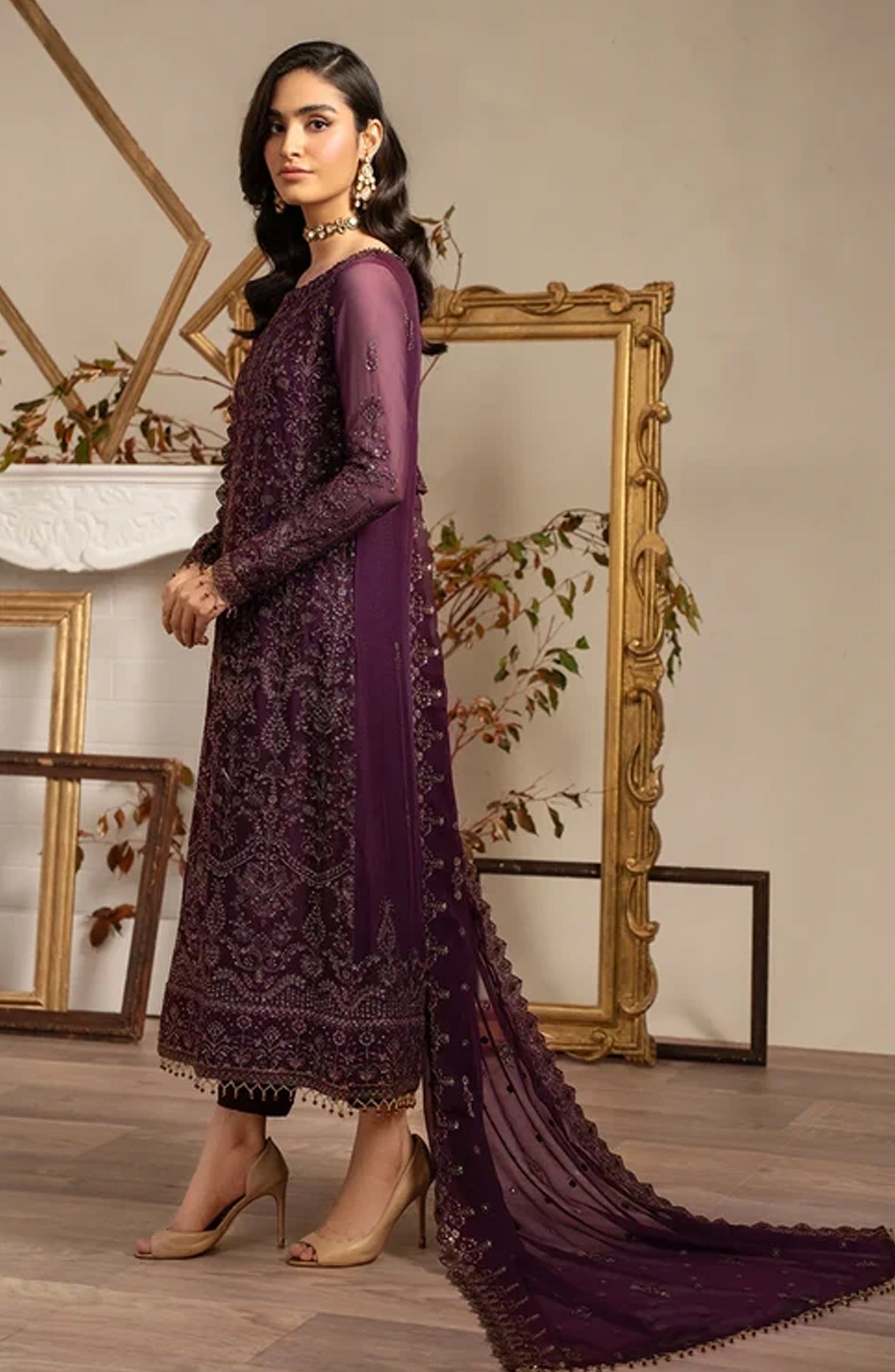 Zarif Luxury Embroidered Chiffon Unstitched 3 Piece Suit - ZRN-04 Neemal - ZRF26GR - Purple - Festive Collection