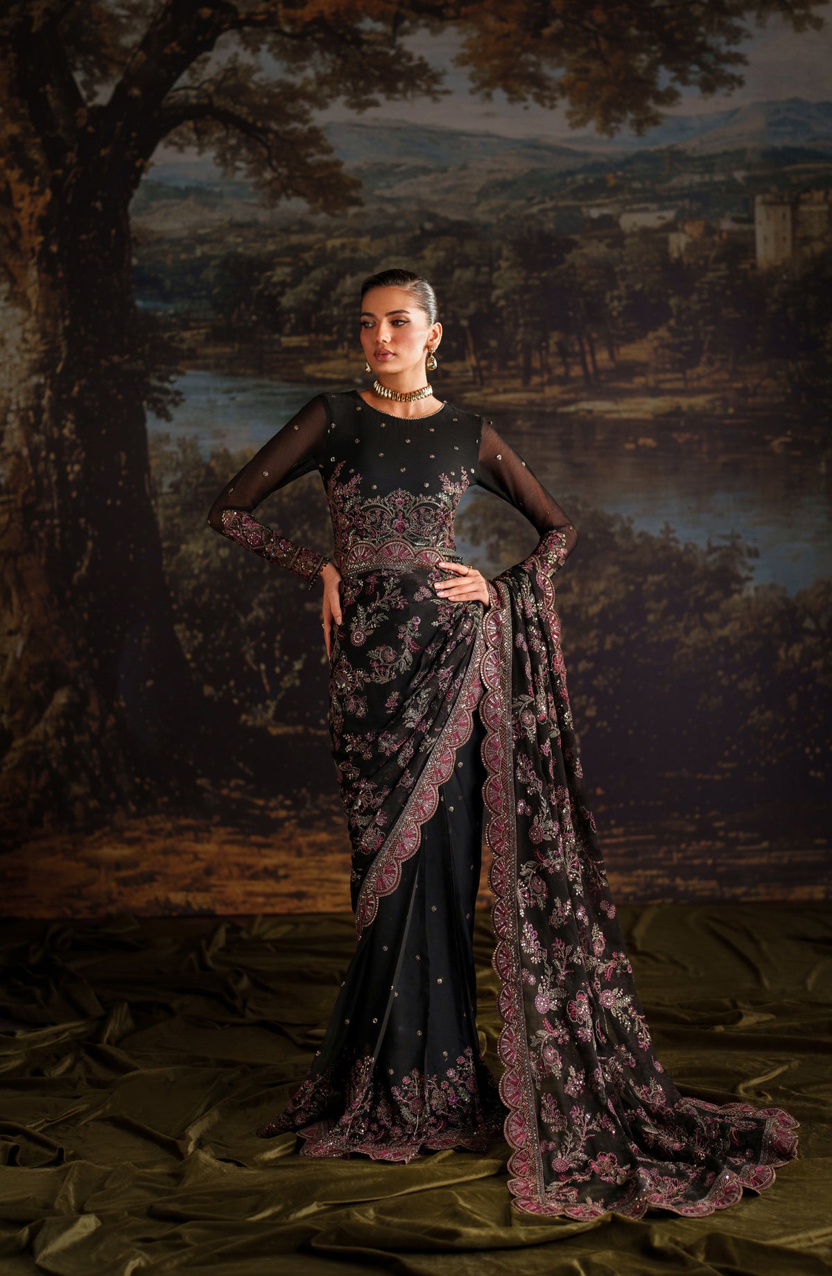 Zarif Premium Embroidered Chiffon Unstitched 3 Piece Suit - ZRF-PRC-04 VICTORIA - ZRF25PRC - Black - Festive Collection