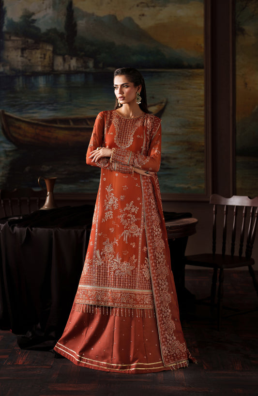 Zarif Premium Embroidered Chiffon Unstitched 3 Piece Suit - ZRF-PRC-07 ELEONORE - ZRF25PRC - Orange - Festive Collection