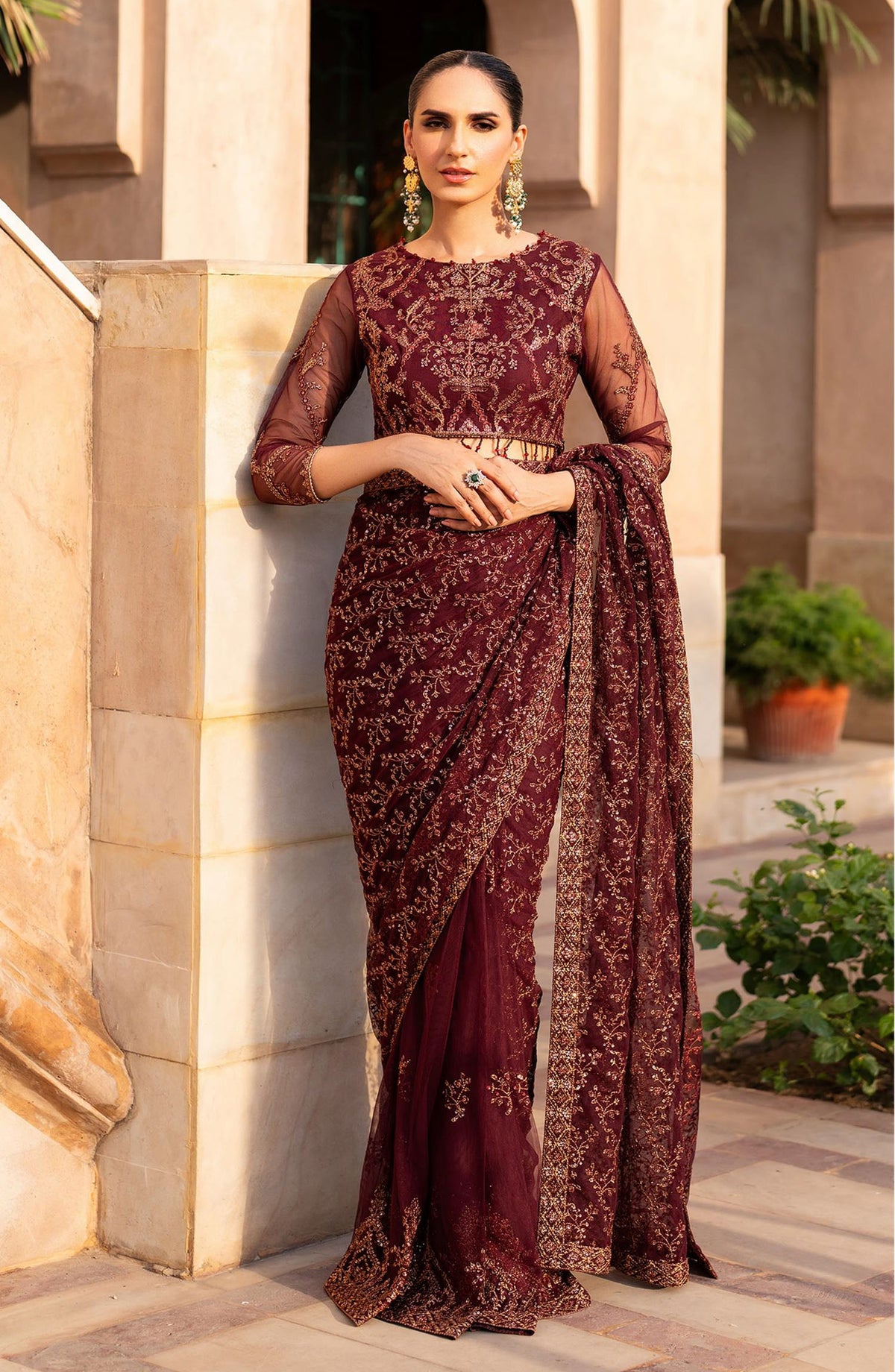 Sahiba by Zarif Luxury Embroidered Net Unstitched 3 Piece Suit - ZRF25SHB - UNST-SBA-01 ELIF - Maroon - Festive Collection