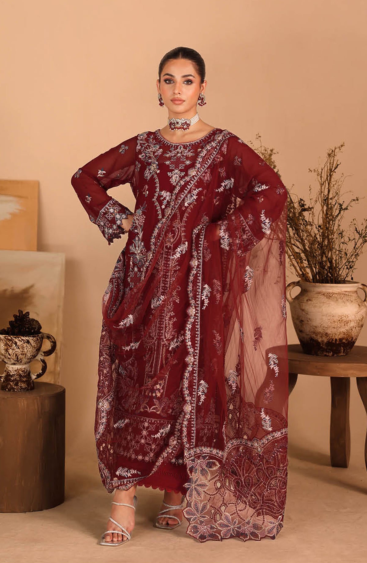 Kashish by Ramsha Luxury Embroidered Chiffon Unstitched 3 Piece Suit - RM25KSH - K-306 - Maroon - Festive Collection