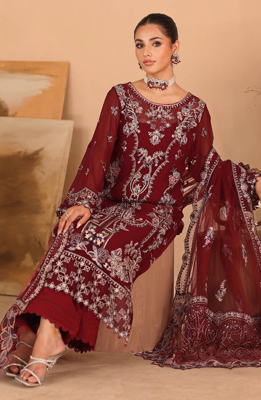 Kashish by Ramsha Luxury Embroidered Chiffon Unstitched 3 Piece Suit - RM25KSH - K-306 - Maroon - Festive Collection