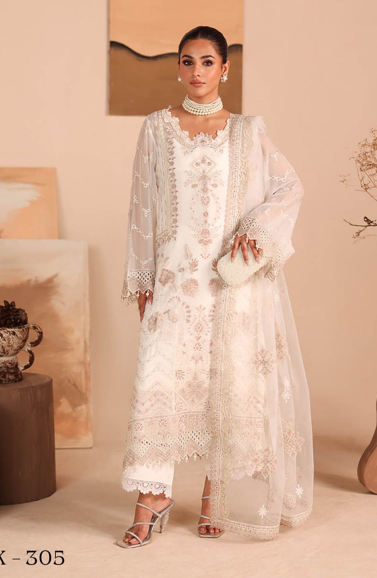 Kashish by Ramsha Luxury Embroidered Chiffon Unstitched 3 Piece Suit - RM25KSH - K-305 - White - Festive Collection
