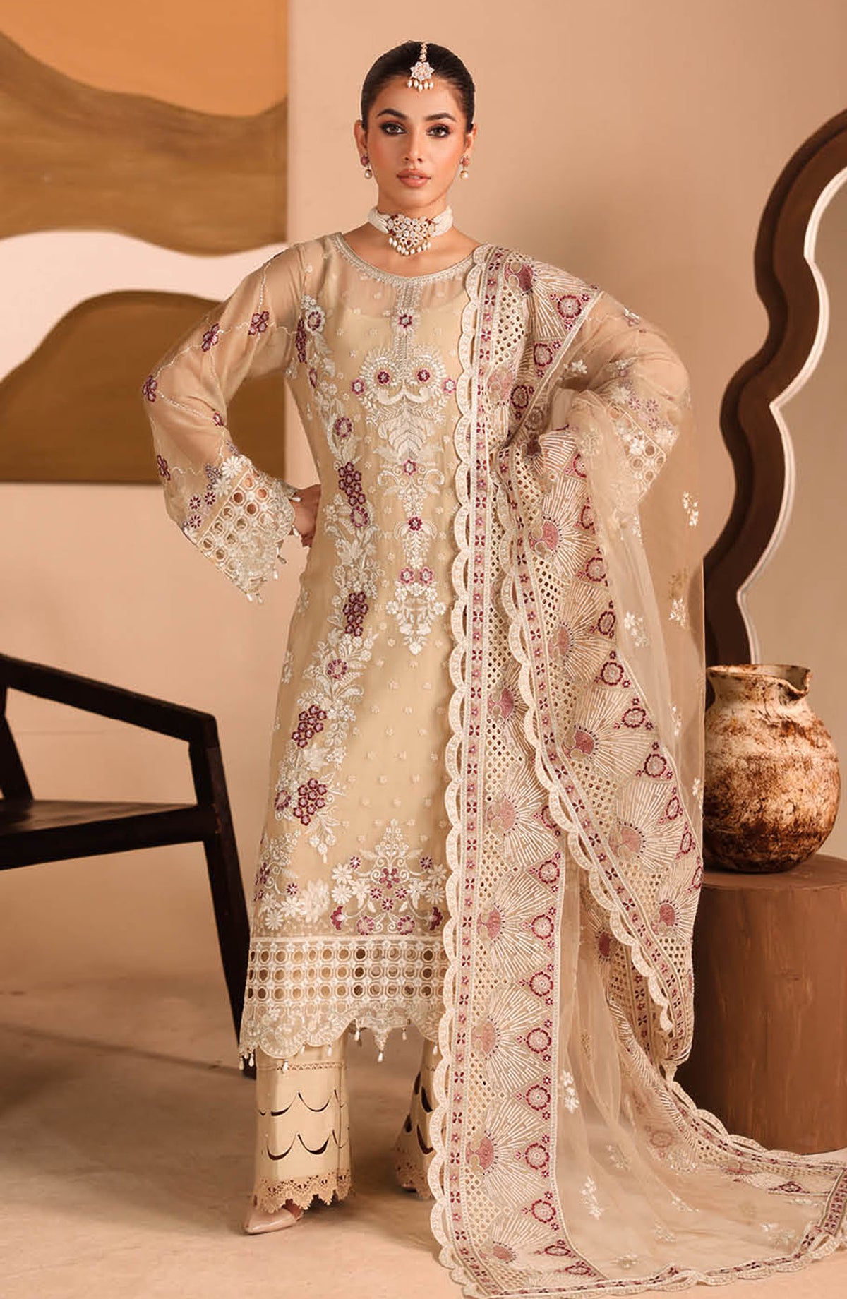 Kashish by Ramsha Luxury Embroidered Chiffon Unstitched 3 Piece Suit - RM25KSH - K-303 - Beige - Festive Collection