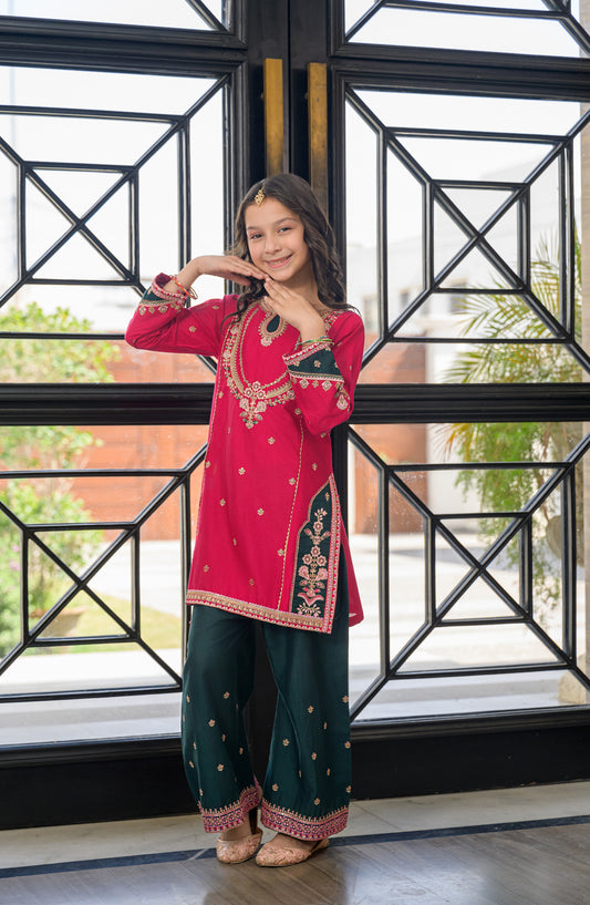 Fresh Birds Embroidered Cotton Lawn Stitched 2 Piece Suit - Zarkash - FBR26TW - Pink - Festive Girls Collection