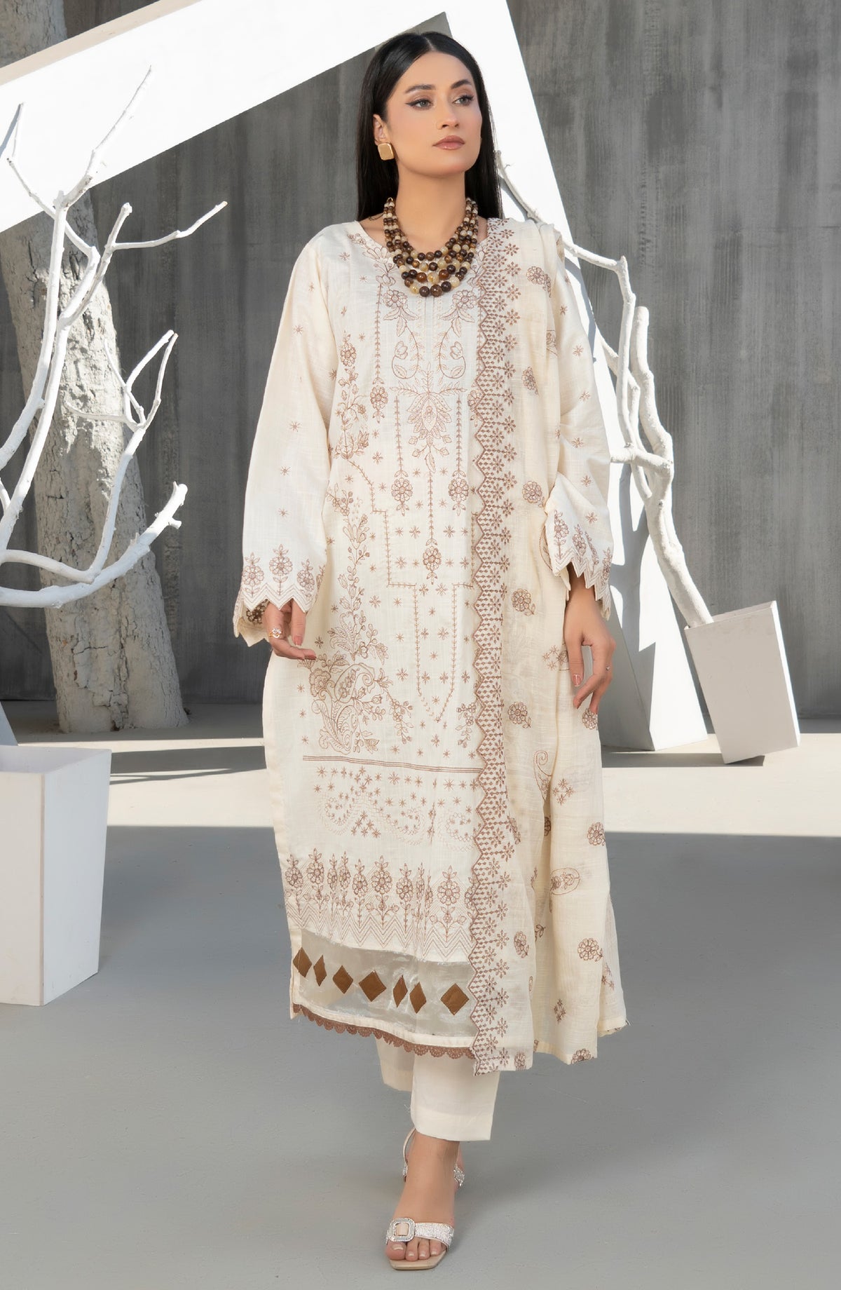 Zarmeesh by Al Karim Embroidered Slub Unstitched 3 Piece Suit - D-08 - AK26ZRM - Fawn - Summer Collection