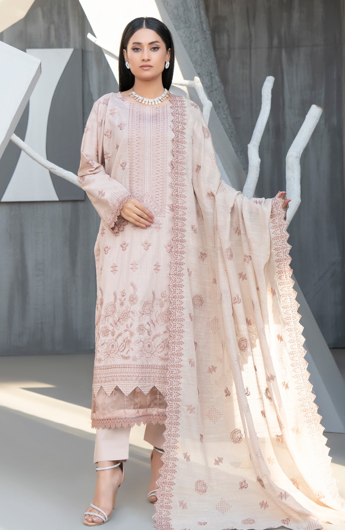 Zarmeesh by Al Karim Embroidered Slub Unstitched 3 Piece Suit - D-06 - AK26ZRM - Grey - Summer Collection