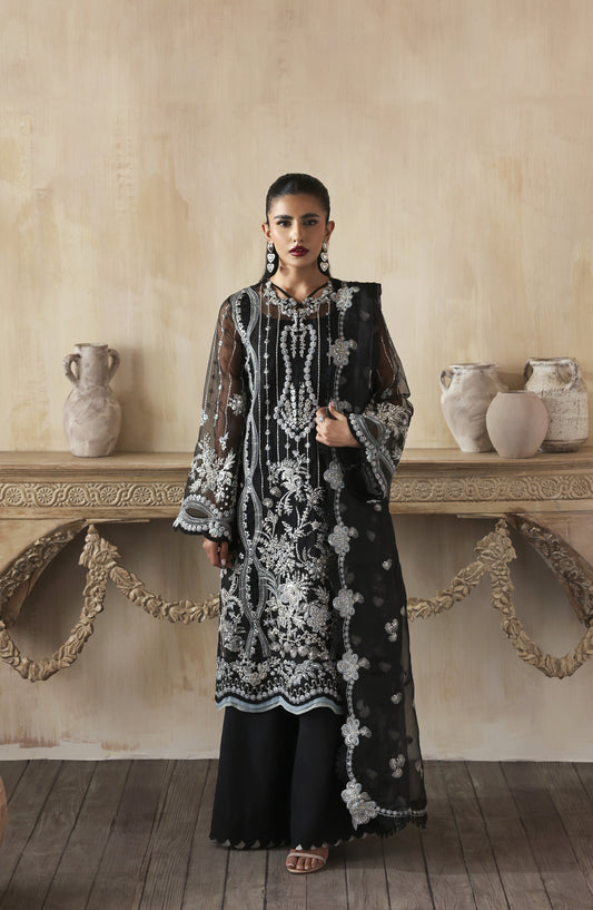 Zarposh Jahanara Embroidered Organza Unstitched 3 Piece Suit - Ayzel - ZRP25JHN - Black - Festive Collection