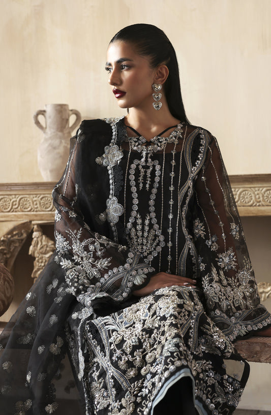 Zarposh Jahanara Embroidered Organza Unstitched 3 Piece Suit - Ayzel - ZRP25JHN - Black - Festive Collection