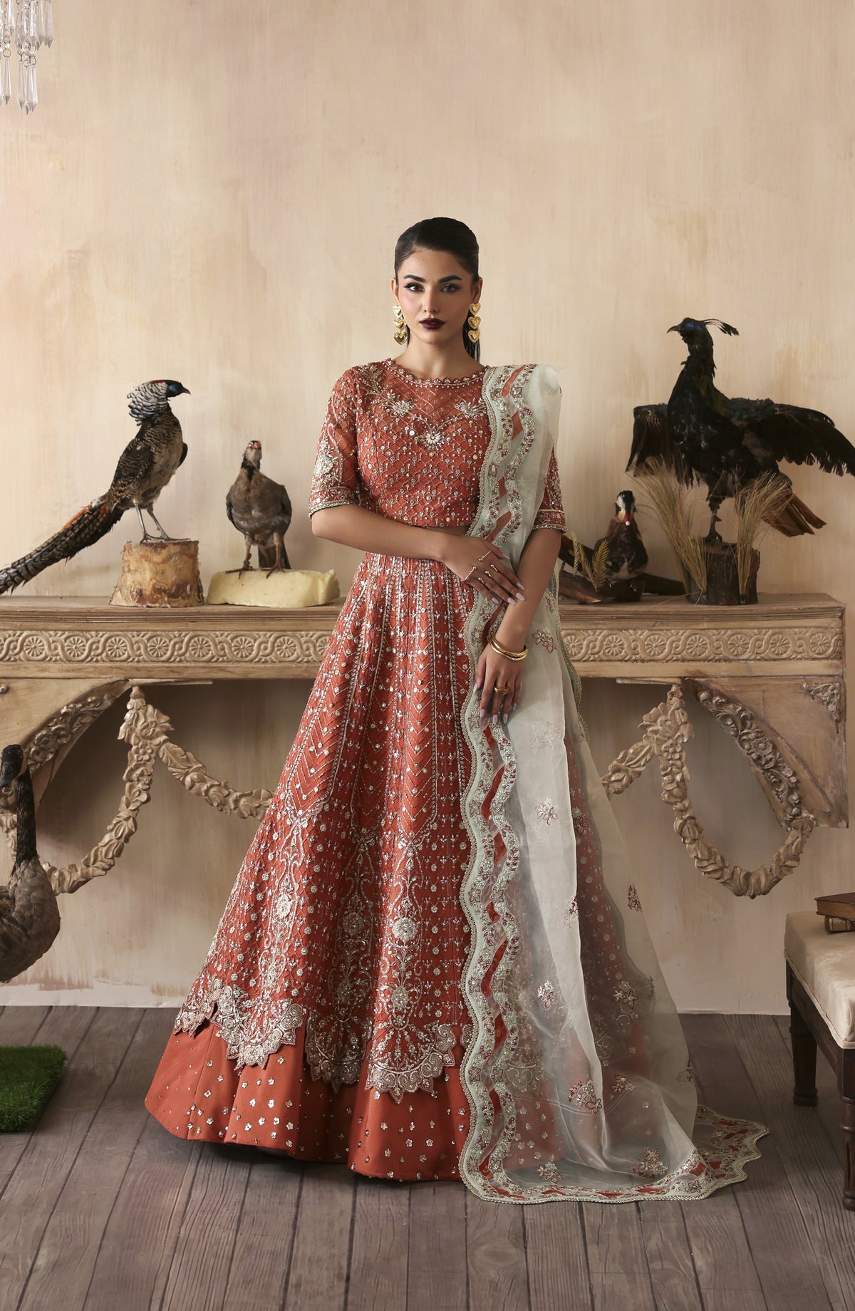 Zarposh Jahanara Embroidered Organza Unstitched 3 Piece Suit - Mahgul - ZRP25JHN - Orange - Festive Collection