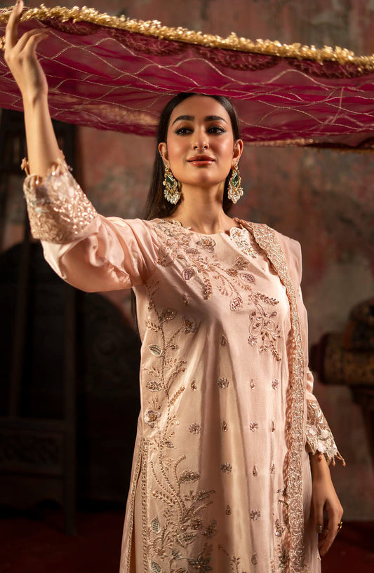 Zarqon by Zebtan Embroidered Tassal Silk Unstitched 3 Piece Suit - ZQ-08 - ZBT25ZQ - Peach - Luxury Collection