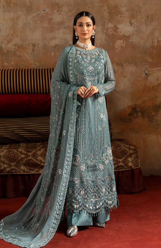 Zarqon by Zebtan Embroidered Chiffon Unstitched 3 Piece Suit - ZQ-07 - ZBT25ZQ - Blue - Luxury Collection