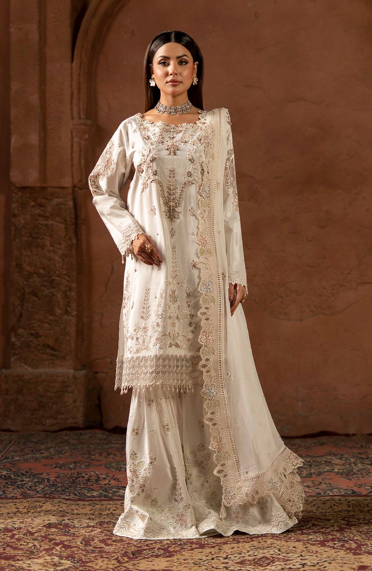 Zarqon by Zebtan Embroidered Tassal Silk Unstitched 3 Piece Suit - ZQ-06 - ZBT25ZQ - Off White - Luxury Collection