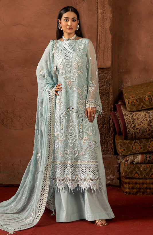 Zarqon by Zebtan Embroidered Chiffon Unstitched 3 Piece Suit - ZQ-05 - ZBT25ZQ - Light Blue - Luxury Collection