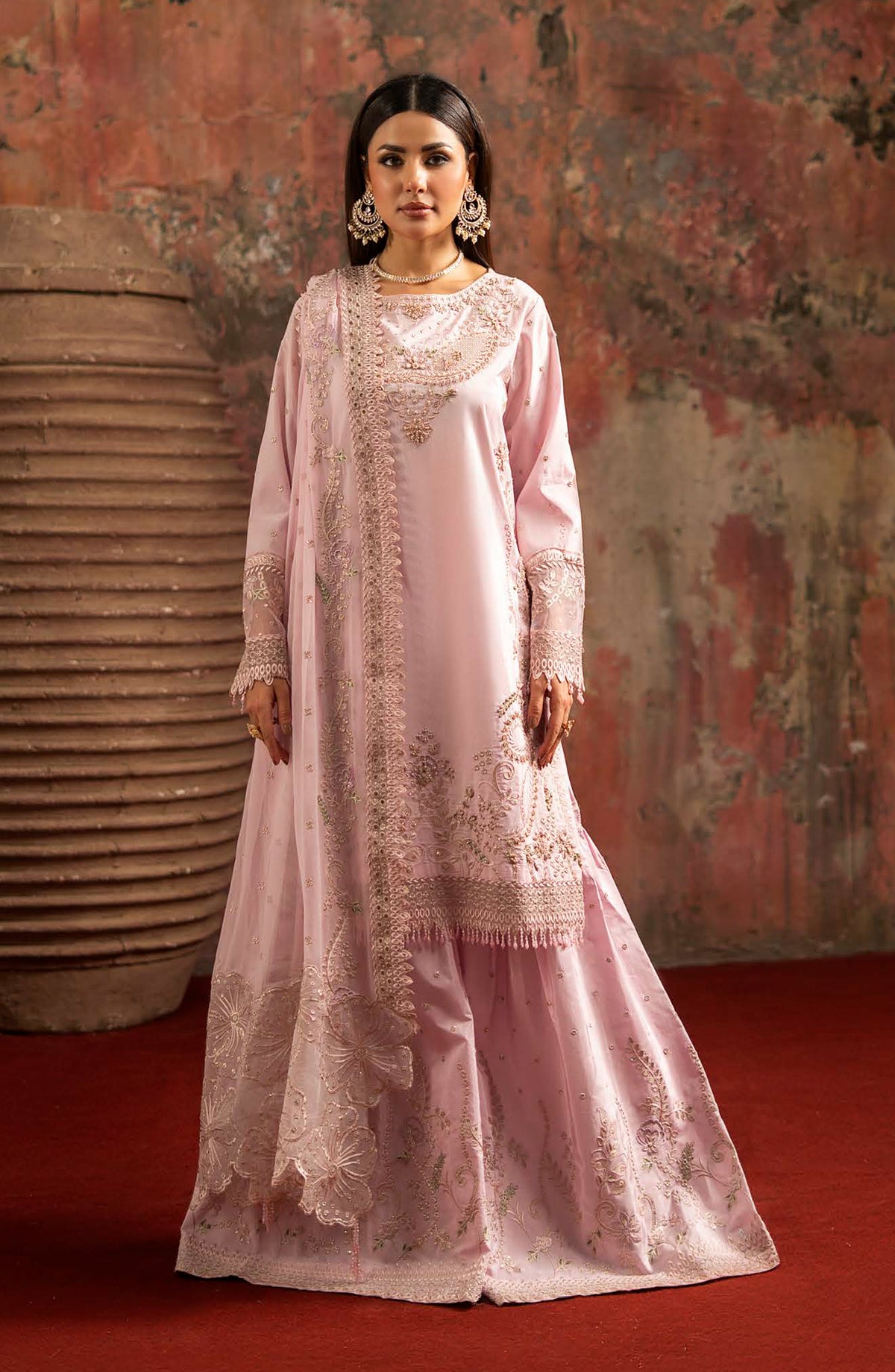 Zarqon by Zebtan Embroidered Tassal Silk Unstitched 3 Piece Suit - ZQ-03 - ZBT25ZQ - Pink - Luxury Collection