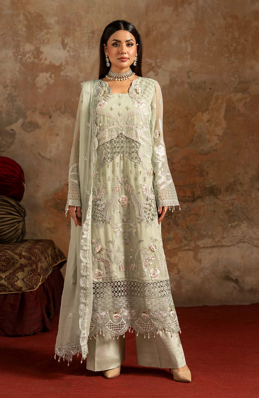 Zarqon by Zebtan Embroidered Chiffon Unstitched 3 Piece Suit - ZQ-02 - ZBT25ZQ - Pista Green - Luxury Collection