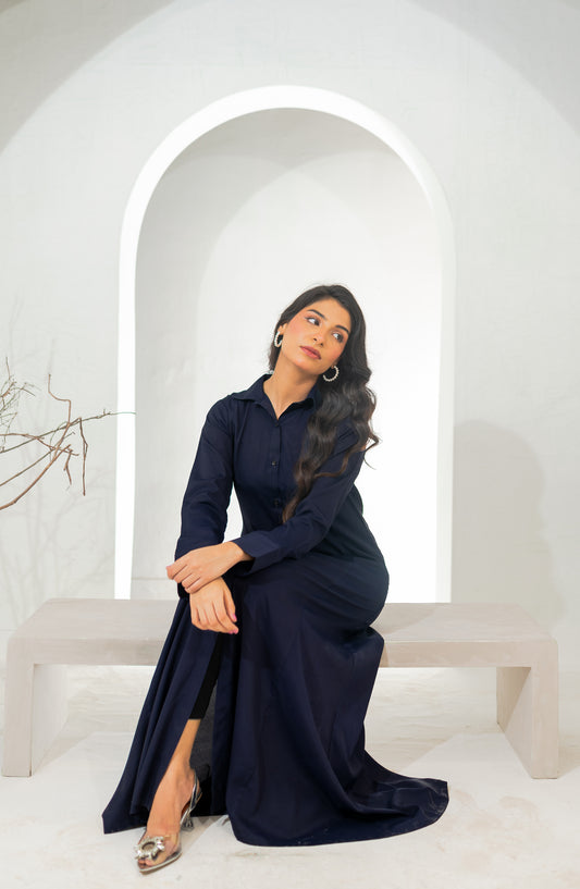 Zauk Basics Solid Printed Wrinkle-free crepe Stitched 1 Piece Dress - French Navy - ZK25BSO - Casual Collection