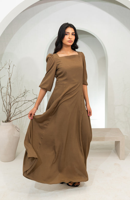 Zauk Basics Solid Printed Wrinkle-free crepe Stitched 1 Piece Dress - Khaki Long Dress - ZK25BSO - Casual Collection