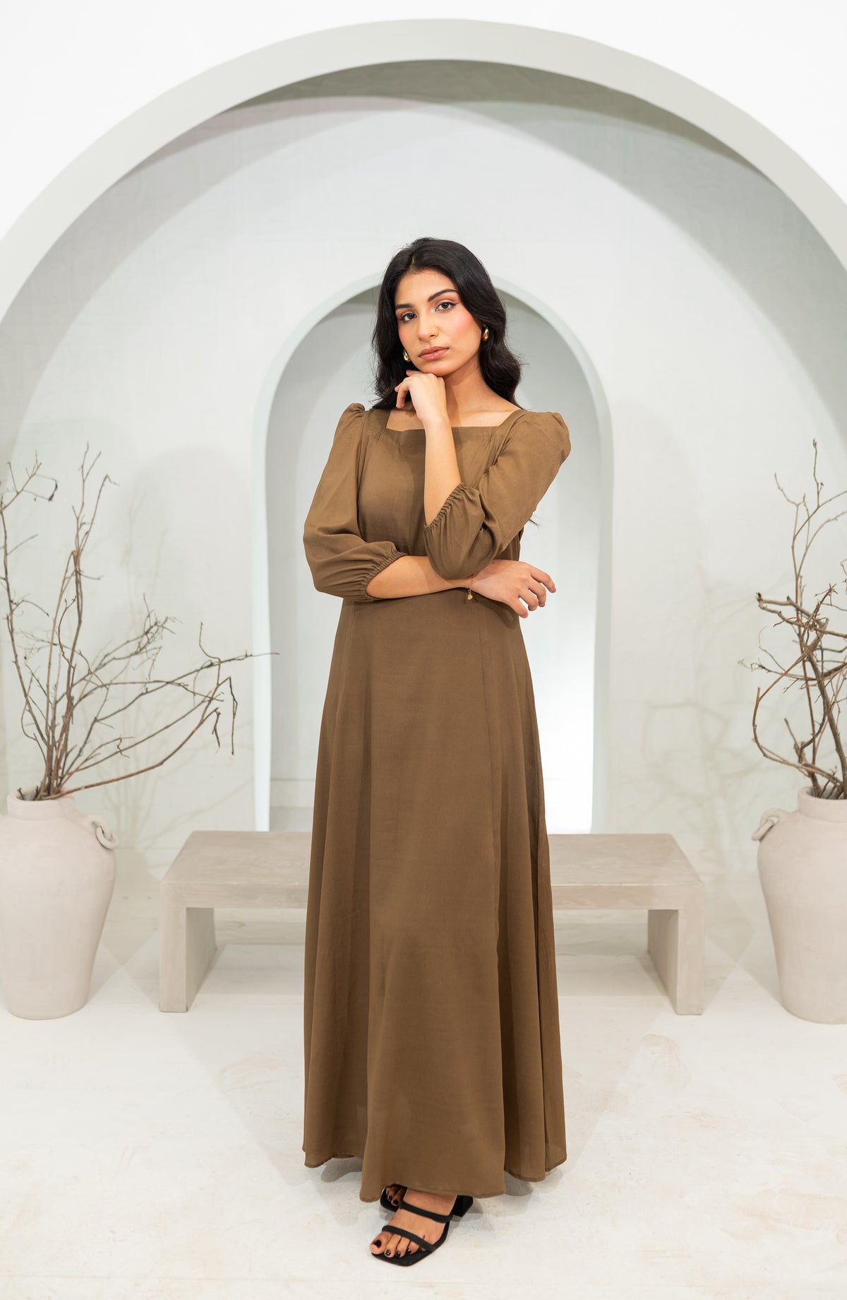 Zauk Basics Solid Printed Wrinkle-free crepe Stitched 1 Piece Dress - Khaki Long Dress - ZK25BSO - Casual Collection