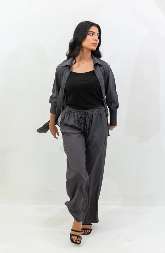 Zauk Basics Solid Printed Wrinkle-free crepe Stitched 2 Piece Co ord Set - Charcoal Gray - ZK25BSO - Casual Collection