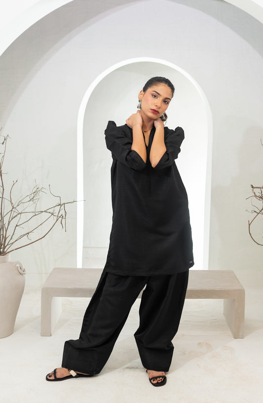 Zauk Basics Solid Printed Raw Silk Stitched 3 Piece Suit - Sable Black Farshi Shalwar Set - ZK25BSO - Casual Collection