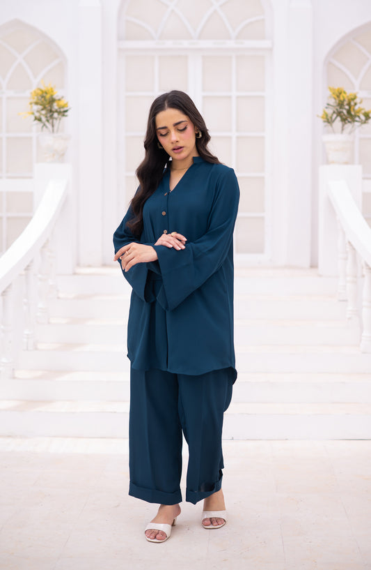 Zauk Ghazal Solid Georgette Stitched 2 Piece Co-ord Set - Teal Blue - ZK26GHL - Casual Collection