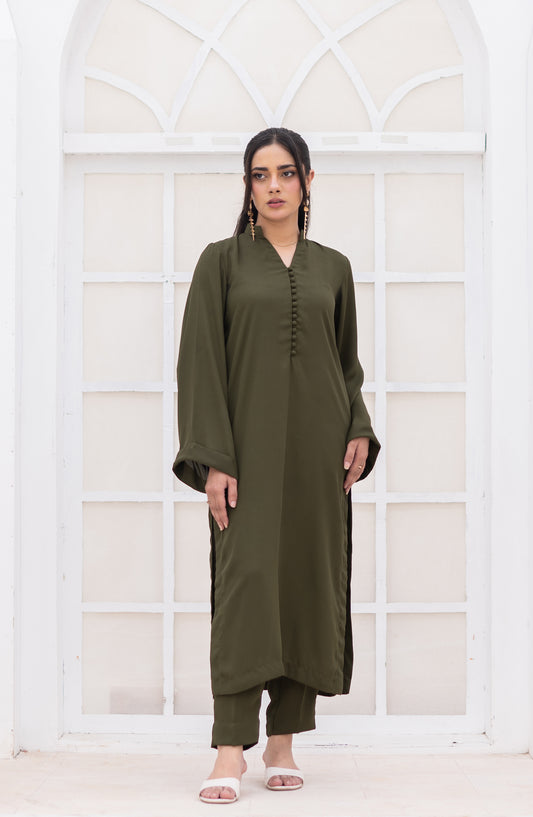 Zauk Ghazal Solid Georgette Stitched 2 Piece Co-ord Set - Olive Green - ZK26GHL - Casual Collection