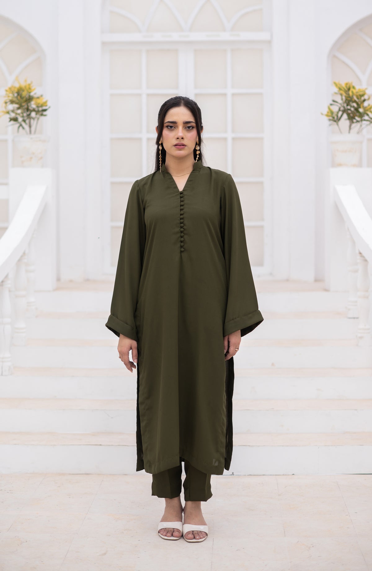 Zauk Ghazal Solid Georgette Stitched 2 Piece Co-ord Set - Olive Green - ZK26GHL - Casual Collection