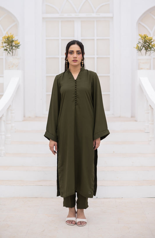 Zauk Ghazal Solid Georgette Stitched 2 Piece Co-ord Set - Olive Green - ZK26GHL - Casual Collection