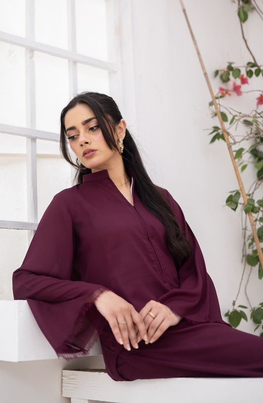 Zauk Ghazal Solid Georgette Stitched 2 Piece Co-ord Set - Burgundy - ZK26GHL - Casual Collection