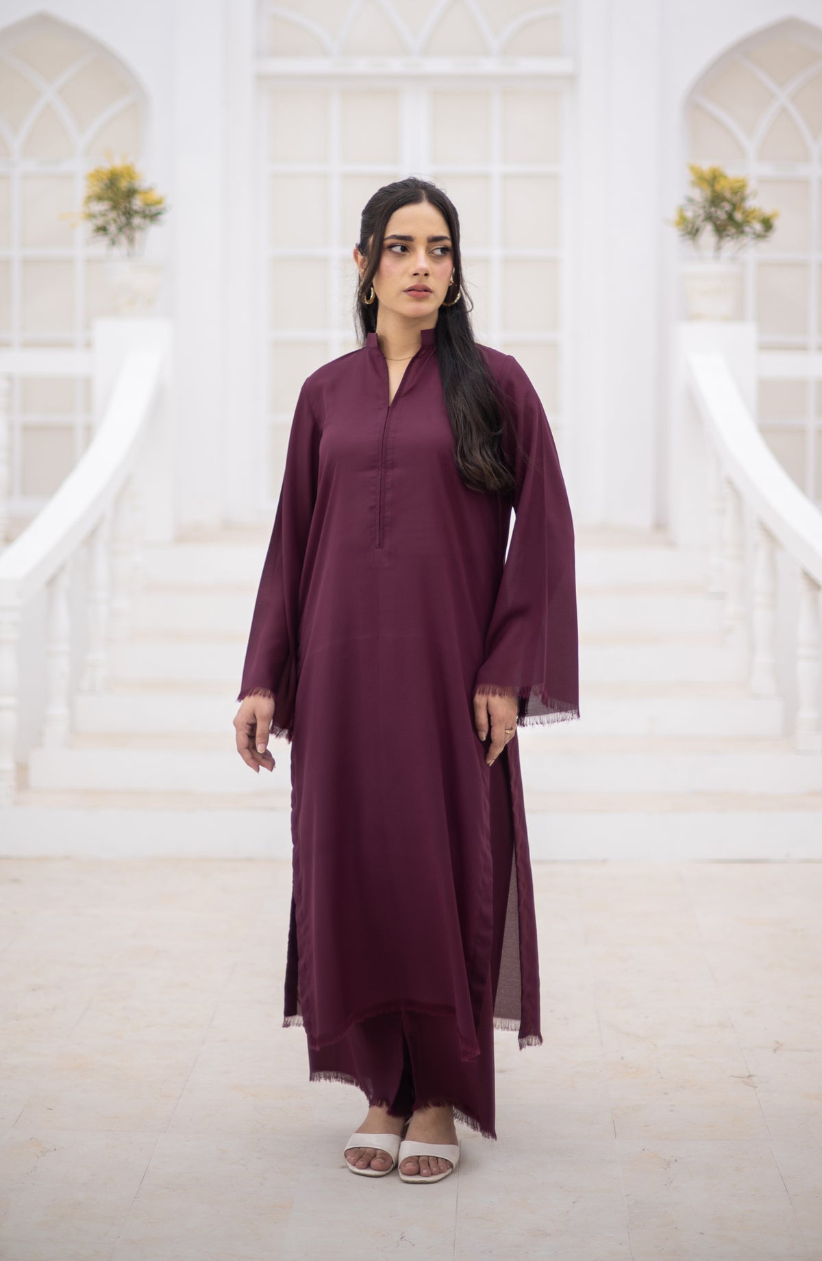 Zauk Ghazal Solid Georgette Stitched 2 Piece Co-ord Set - Burgundy - ZK26GHL - Casual Collection