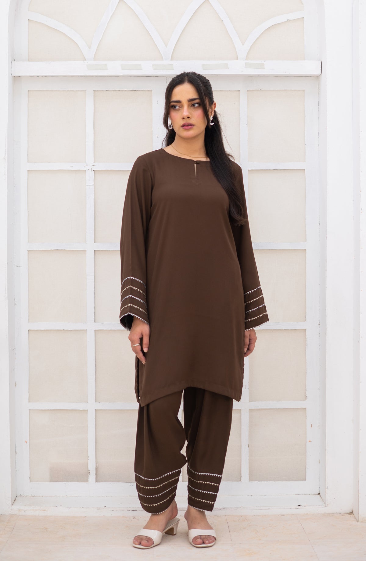 Zauk Ghazal Solid Georgette Stitched 2 Piece Co-ord Set - Brown - ZK26GHL - Casual Collection