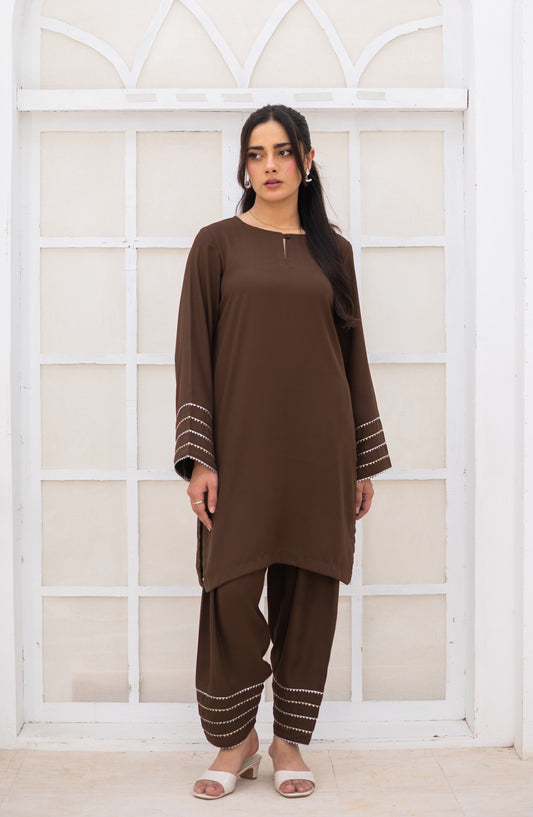 Zauk Ghazal Solid Georgette Stitched 2 Piece Co-ord Set - Brown - ZK26GHL - Casual Collection