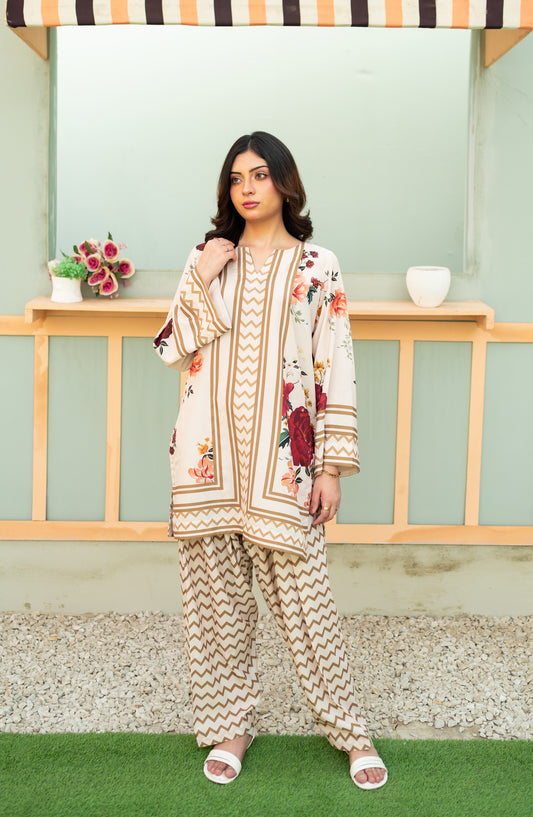 Zauk Printed Poly Lawn Stitched 2 Piece Suit - Floral Fantasy - ZK25CAS - Fawn - Casual Collection