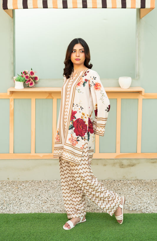 Zauk Printed Poly Lawn Stitched 2 Piece Suit - Floral Fantasy - ZK25CAS - Fawn - Casual Collection