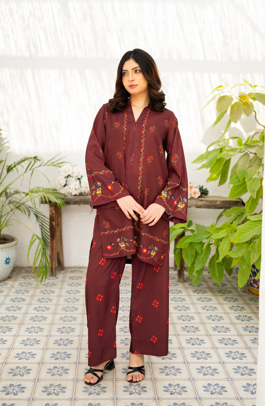Zauk Printed Poly Lawn Stitched 2 Piece Suit - Cherry Charm - ZK25CAS - Maroon - Casual Collection