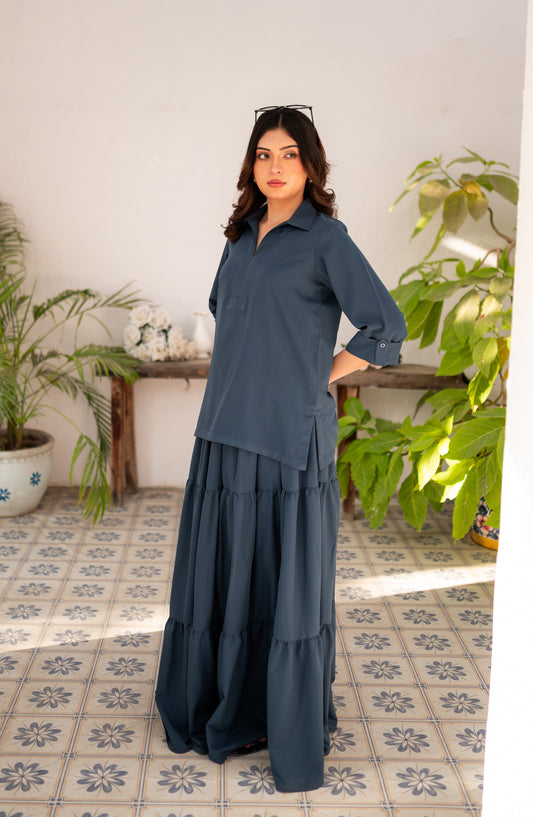 Zauk Printed Poly Grip Stitched 2 Piece Suit - Steel Blue Skirt and Shirt - ZK26FSN - Casual Collection