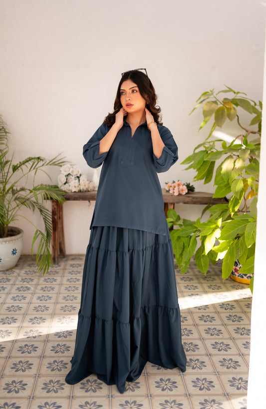 Zauk Printed Poly Grip Stitched 2 Piece Suit - Steel Blue Skirt and Shirt - ZK26FSN - Casual Collection