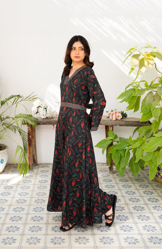 Zauk Printed wrinkle-free crepe Stitched 1 Piece - Charcoal Black Printed Long Dress - ZK26FSN - Casual Collection