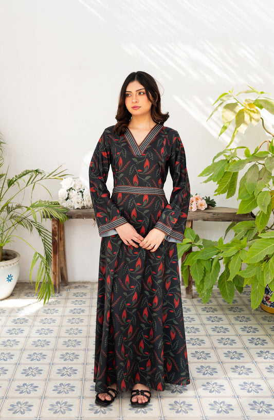 Zauk Printed wrinkle-free crepe Stitched 1 Piece - Charcoal Black Printed Long Dress - ZK26FSN - Casual Collection