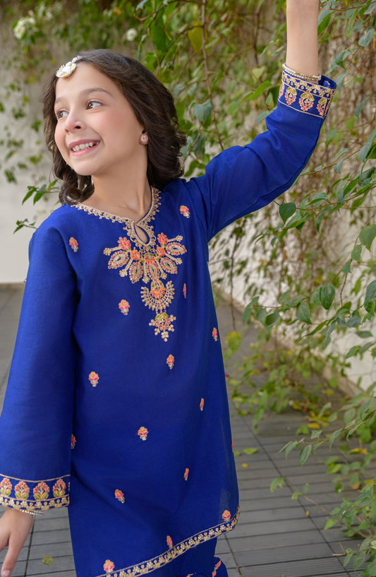 Fresh Birds Embroidered Cotton Lawn Stitched 2 Piece Suit - Zauk - FBR26FS - Royal Blue - Festive Girls Collection