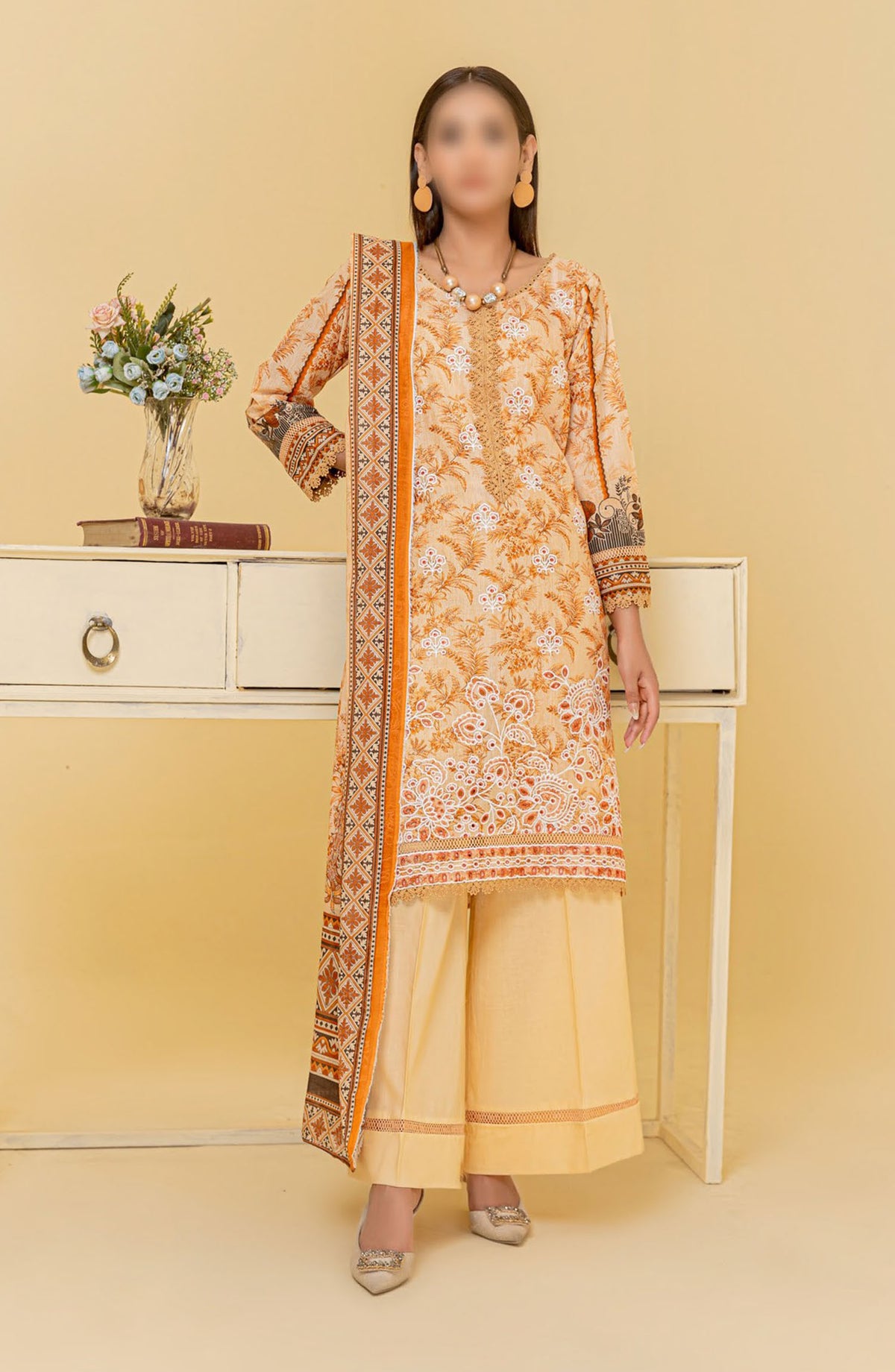 Zauq Embroidered Lawn Unstitched 3 Piece Suit - Design-04 - AK25ZQ2 - Orange - Summer Collection