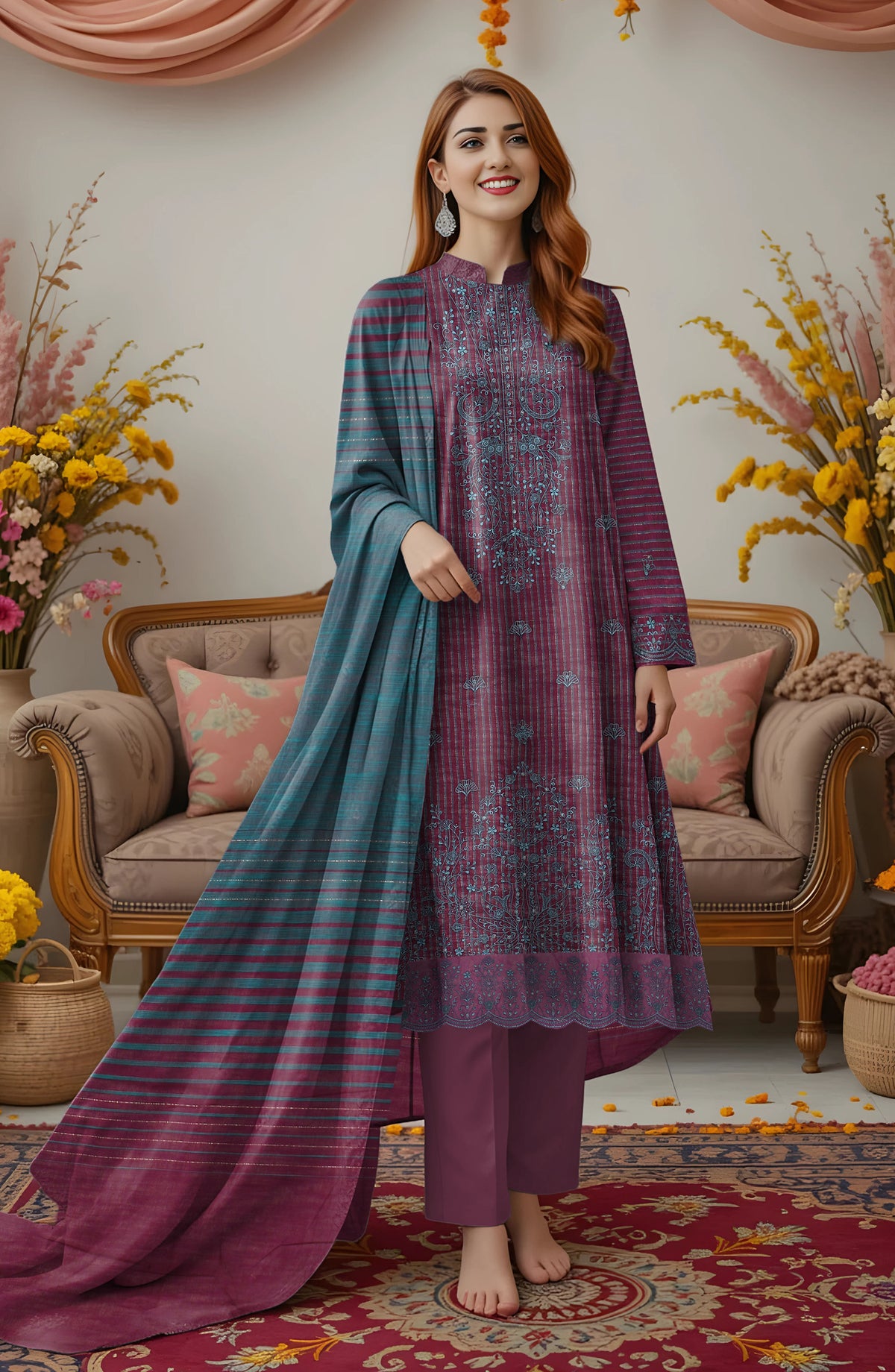 Zeen Ara Luxury Embroidered Khaddar Unstitched 3 Piece Suit - Design-01 - ZN25KH - Pink - Winter Collection