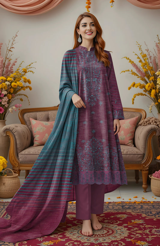 Zeen Ara Luxury Embroidered Khaddar Unstitched 3 Piece Suit - Design-01 - ZN25KH - Pink - Winter Collection