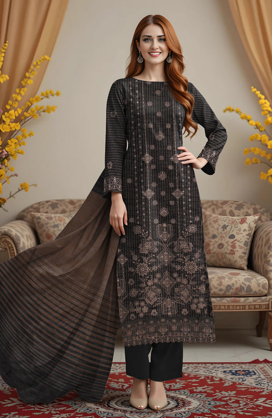Zeen Ara Luxury Embroidered Khaddar Unstitched 3 Piece Suit - Design-02 - ZN25KH - Black - Winter Collection