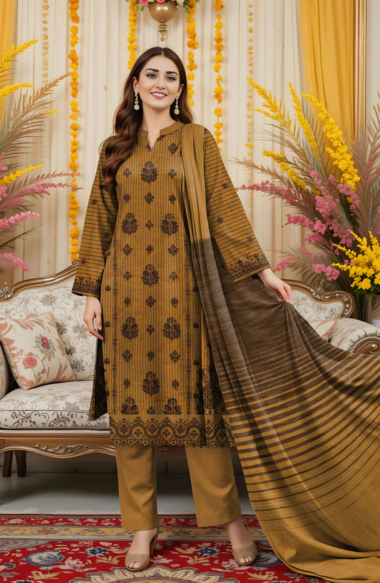 Zeen Ara Luxury Embroidered Khaddar Unstitched 3 Piece Suit - Design-03 - ZN25KH - Mustard - Winter Collection