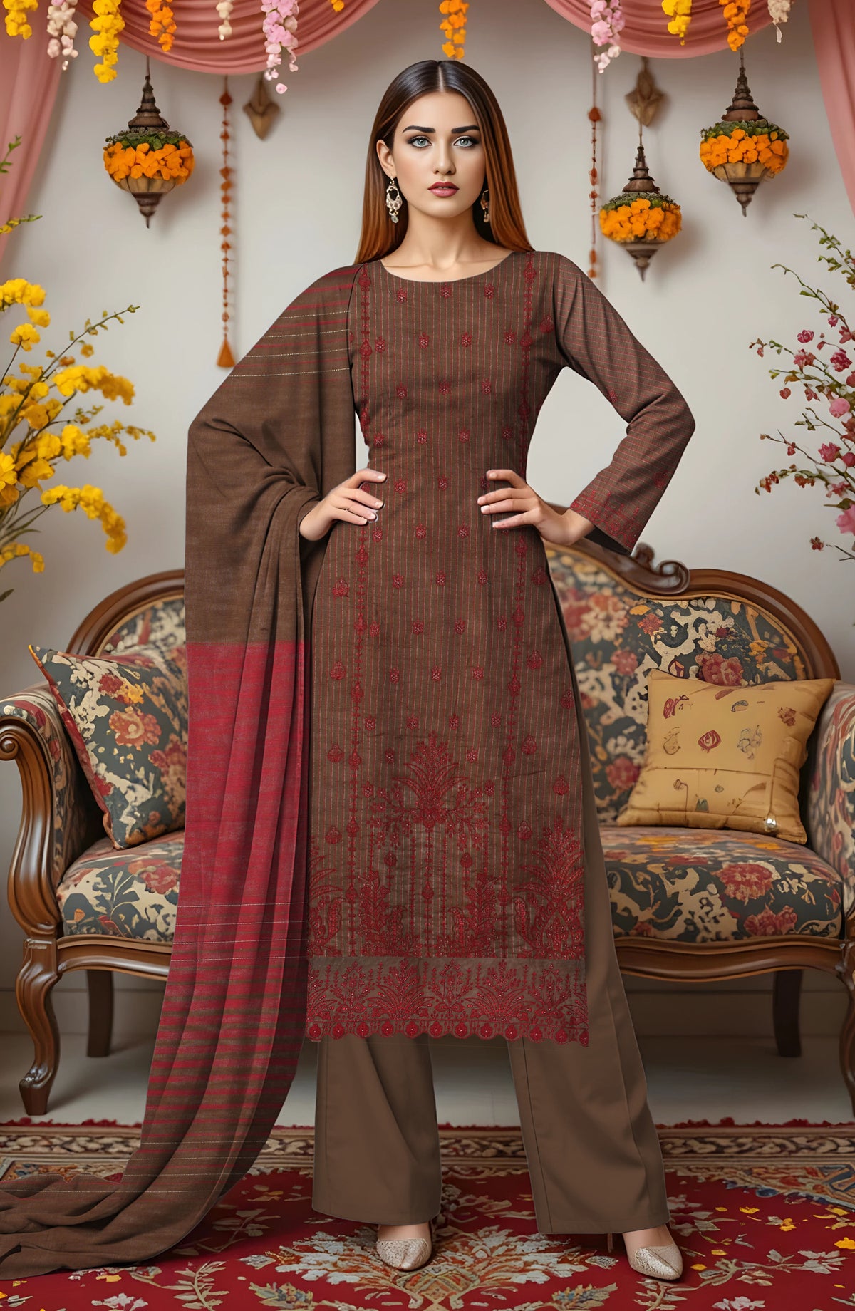 Zeen Ara Luxury Embroidered Khaddar Unstitched 3 Piece Suit - Design-05 - ZN25KH - Brown - Winter Collection