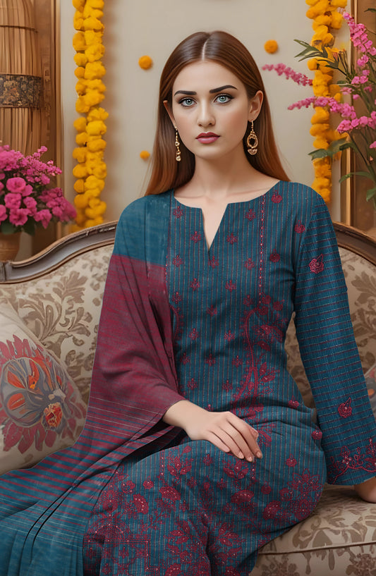 Zeen Ara Luxury Embroidered Khaddar Unstitched 3 Piece Suit - Design-06 - ZN25KH - Blue - Winter Collection